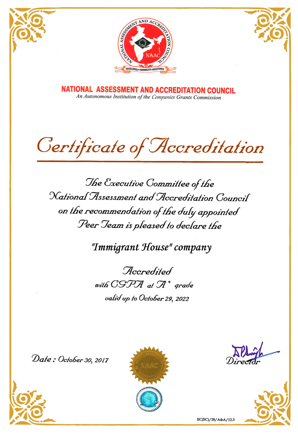 Certificate of Accreditation. National Assessment and Accredidation Council